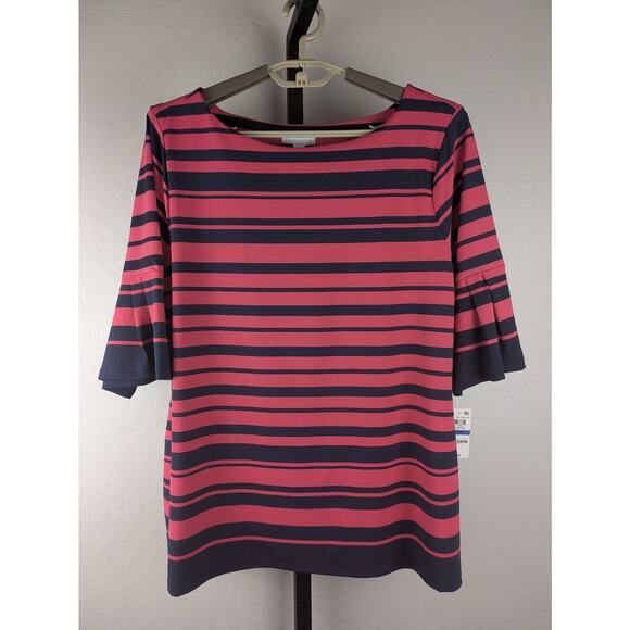Charter Club Striped 3/4 Flared Sleeve Knit Top Navy Blue Coral - Picture 1 of 6